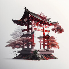 Shinto Shrine with red maple trees in Japan. Designed using Generative AI. - obrazy, fototapety, plakaty