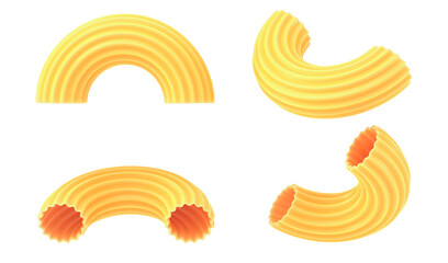 Elbow pasta, macaroni in different angles, 3d render icon set. Realistic mockup of Italian cuisine...