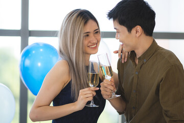 Two Asian young people cute couple husband guy wife lady drink hot beverage x-mas eve spend time magic land newyear, Christmas celebrate in romantic love together with family, happy holiday concept