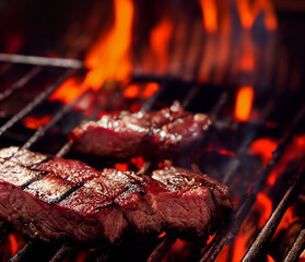 Juicy bloody steak on the grill against the background of flames. Shallow depth of field	