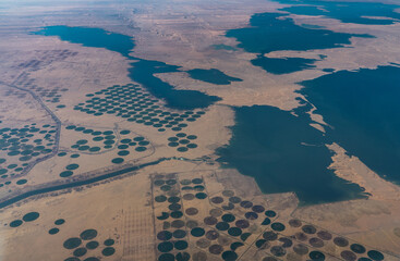 Aerial Landscape view of agriculture area near the artificial  Toshka Lakes, situated in Al Wadi Al...