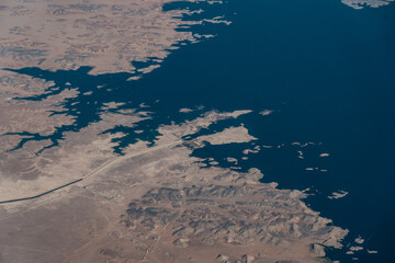 Aerial Landscape view of area around the Mubarak Pump, Toshka Pumping Station, situated adjacent to Lake Nasser in southern Egypt, river nile