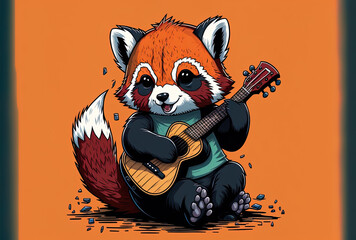 Cartoon symbol of a cute red panda strumming a guitar. solitary animal music icon idea. Generative AI