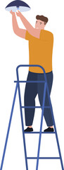 Man changing light bulb standing on climbing stairs vector flat illustration