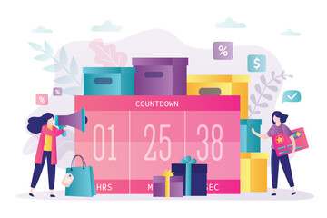 Seasonal sale rush. Online retail. Countdown to special offer in store. Businesswoman scream in loudspeaker. Shopaholic with credit card. Funny female characters.