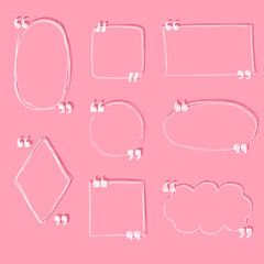 Set of hand drawn cute quote frames with scribble borders and empty space inside isolated on pink background. Doodle speech bubbles with quotation marks for citation. Template of kawaii text boxes