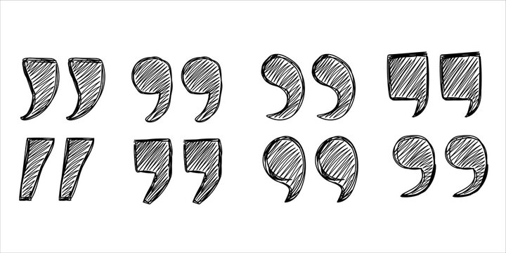 Collection Of Hand Drawn Sketchy Quotation Marks Different Shapes For Citation. Black Scribble Speech Marks, Inverted Commas, Doodle Quotes Isolated On White Background