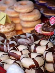 Slightly blurred donuts on a christmas market stall