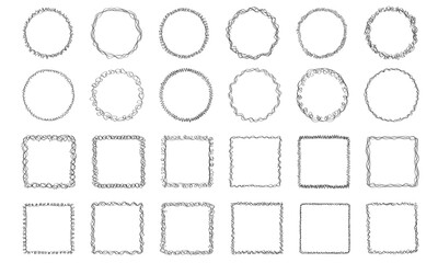 Big set of 24 doodle sketchy round and square frames with scribble hand drawn borders isolated on white background. Template of editable linear vector frames with empty space inside.