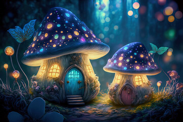 Fototapeta premium Fairy houses in fantasy forest with glowing mushrooms. Digital artwork 
