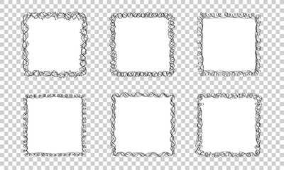 Set of six doodle frames with black hand drawn borders isolated on transparent background. Template of linear vector frames with blank white space inside. Scribble sketchy squares