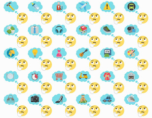 thinking face and thought bubble with various icons,emoji pattern on white background,icon set,vector illustration