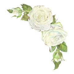 Semicircular composition of white roses and buds with leaves. Watercolor illustration. Isolated on a white background. For design of dishes, greeting card, perfumes packaging, wedding invitation