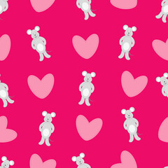 Seamless pattern with a mouse and hearts on a pink, crimson background. Vector illustration