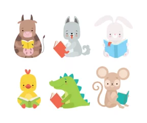 Deurstickers Speelgoed Cute Animals Sitting and Reading Book Enjoying Interesting Story Vector Set