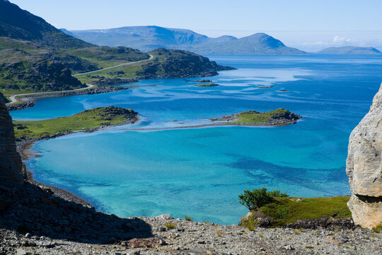View of Selvika bay and Storbukta beach at Havoysund scenic route, Norway