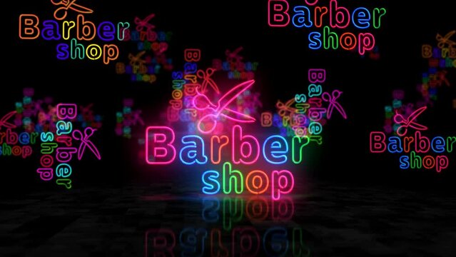 Barbershop neon glowing symbol. Light color bulbs. Retro style barber shop, haircut salon and hairdresser abstract concept 3d animation.