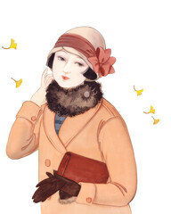 大正浪漫 昭和レトロ 銀杏の葉とリボンの帽子の少女 - obrazy, fototapety, plakaty