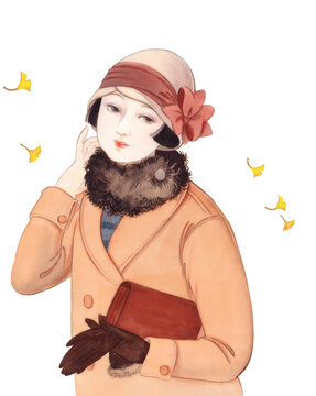 大正浪漫 昭和レトロ 銀杏の葉とリボンの帽子の少女