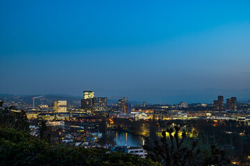 High-viewpoint image of Zurich city Switzerland, Europe. Late evening turning into early night