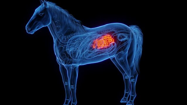 3D medical animation of a horse's small intestine