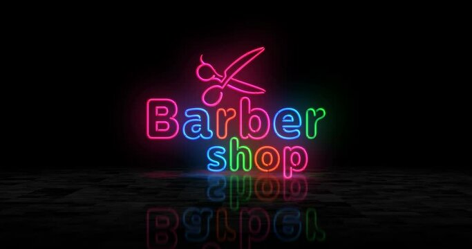 Barbershop neon glowing symbol. Light color bulbs. Retro style barber shop, haircut salon and hairdresser abstract concept 3d animation.