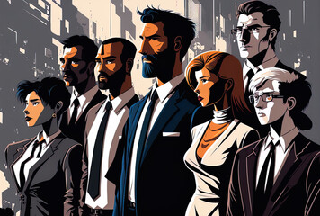 Obraz premium team of competent individuals. Illustration depicting a gathering of businesspeople, society's leaders, and office employees. Generative AI