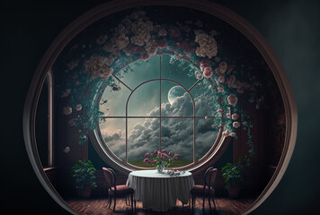 a dark atmosphere with wide windows with arches and a floral cloud hanging over a circular table,. Generative AI