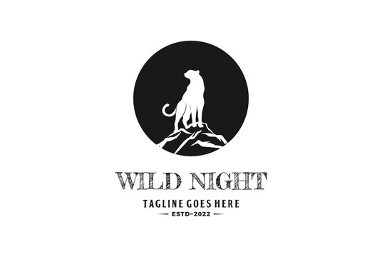 Wild Night Jaguar Tiger Leopard Cheetah Puma Panther Standing on the Mountain Hill Logo Design