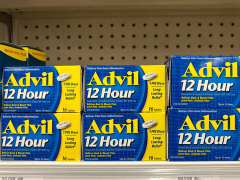 
Toronto , ON, Canada - December 13, 2022: Life brand Advil 12 Hour Ibuprofen 600mg, 16 Count boxes on the shelf in a drug store. 
