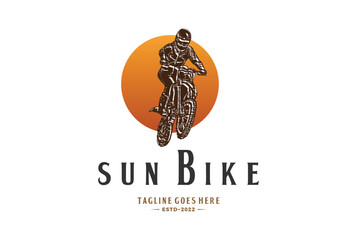 Vintage Sun Sunrise Sunset with Jumping Dirt Bike for Sport Race Club Competition Logo Design