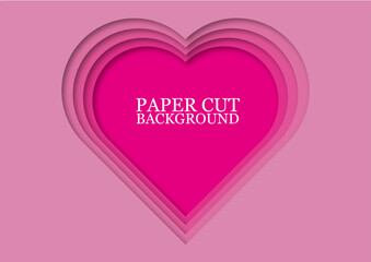 Pink heart paper cut background. Wavy pink layers. Abstract realistic paper design. Trendy carving art. 3d relief.