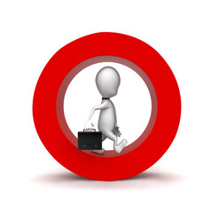 3d man holding briefcase and walking inside a circular ring concept