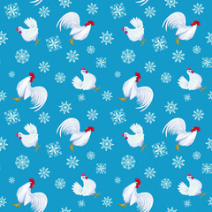 winter seamless pattern with chickens and snowflakes on a blue background