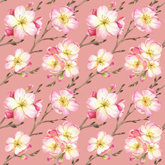 watercolor seamless pattern with branches blooming apple tree