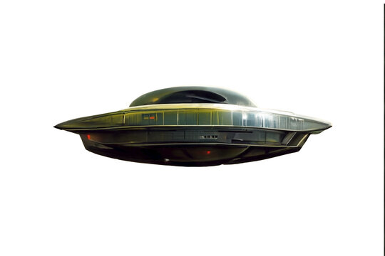 UFO flying saucer spaceship from outer space which is an alien craft, png file cut out and isolated on a transparent background, computer Generative AI stock illustration image