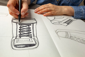 The designer draws sketches of shoes on paper. - 554019071