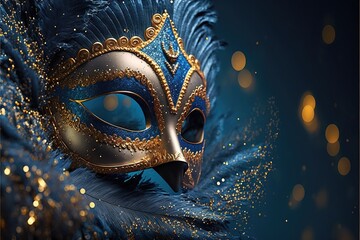 Realistic luxury carnival mask with blue feathers. Abstract blurred background, gold dust, and light effects. Generative Ai - obrazy, fototapety, plakaty