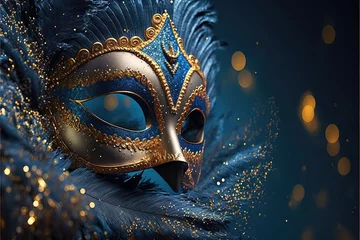  Realistic luxury carnival mask with blue feathers. Abstract blurred background, gold dust, and light effects. Generative Ai © makstorm