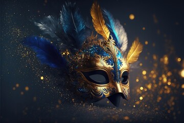 Realistic luxury carnival mask with blue feathers. Abstract blurred background, gold dust, and light effects. Generative Ai