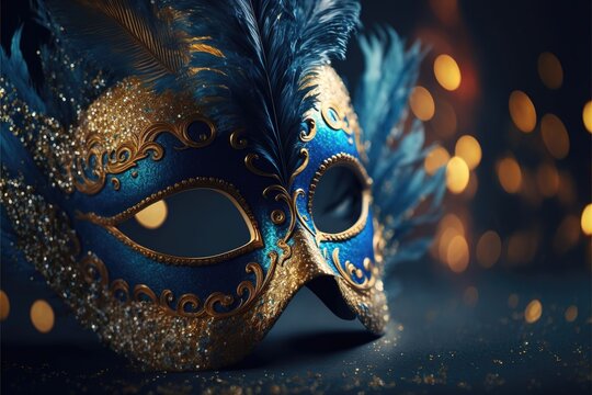 Realistic luxury carnival mask with blue feathers. Abstract blurred background, gold dust, and light effects. Generative Ai