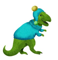 Christmas dinosaur cartoon illustration. Chidish t rex in winter hat and sweater. New year watercolor dressed tyrannosaur dino in clothes © zzorik