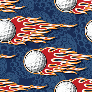 Burning golf balls repeating tile vector art image illustration. Golf ball and tribal fire flame seamless pattern background wrapping paper design.