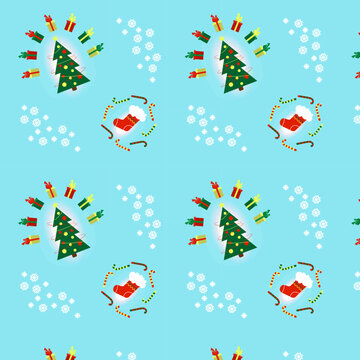 Christmas and New year seamless pattern with christmas tree, presens, christmas sock, christmas lollipops and snowflakes.  Childish vector illustration for print, paper bag, wrapping, decoration.