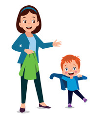 cute boy dressing up with his mother