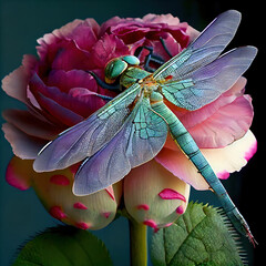 Dragonfly on a rose, insect life.