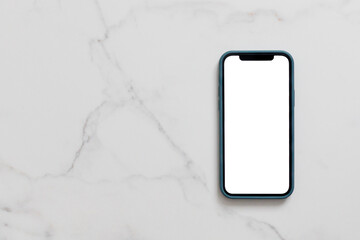Smartphone with blank white screen in case on marble table, Mobile phone mock up