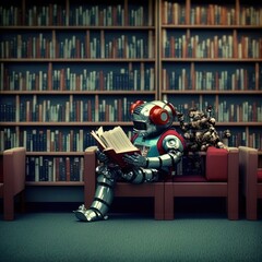 Robot reading in the library.