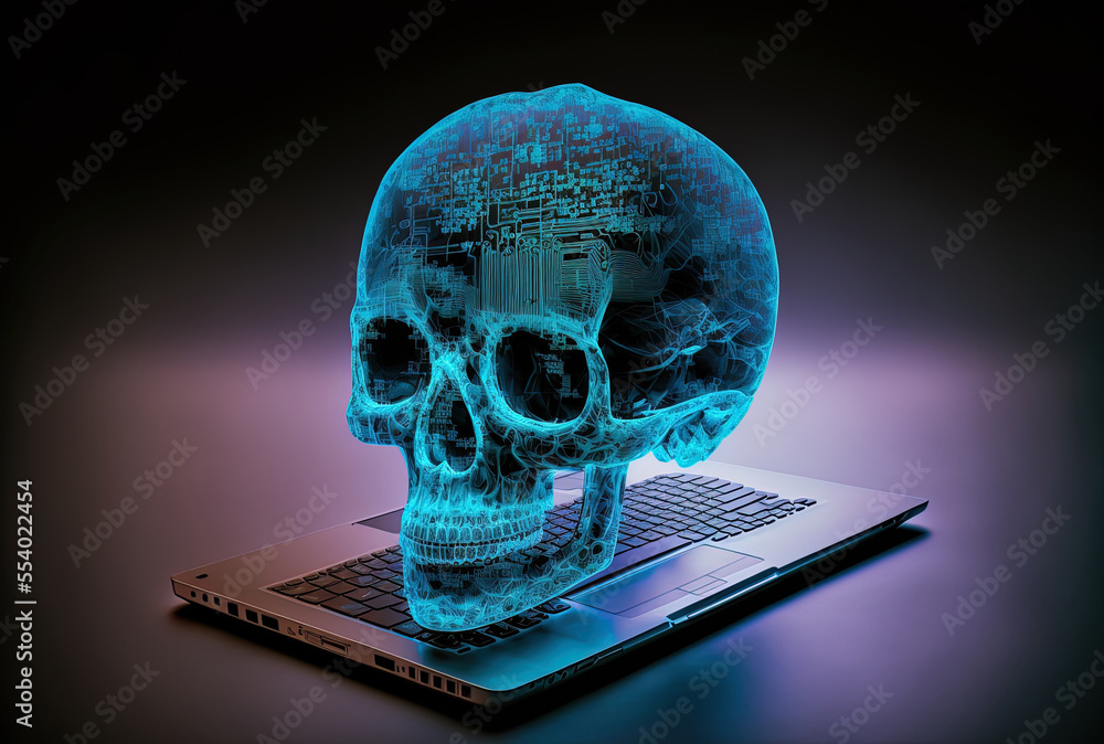 Aufkleber hacking and phishing concept multiexposure artwork of a coding skull in a modern laptop background. 