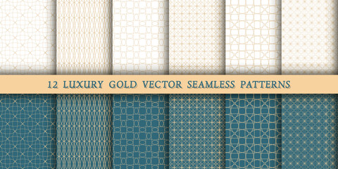 A set of 12 luxurious geometric gold patterns for printing and design, golden lines on a white and green, emerald background. Modern and stylish patterns